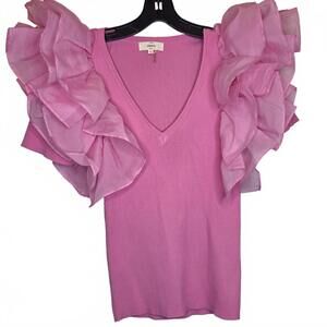 Entro Pink V Neck Ruffle sleeve ribbed blouse Size Large